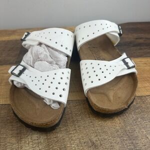 Birkenstock BirkiS Size 38 (US 7) White Leather Perforated Strap Cork Sandals